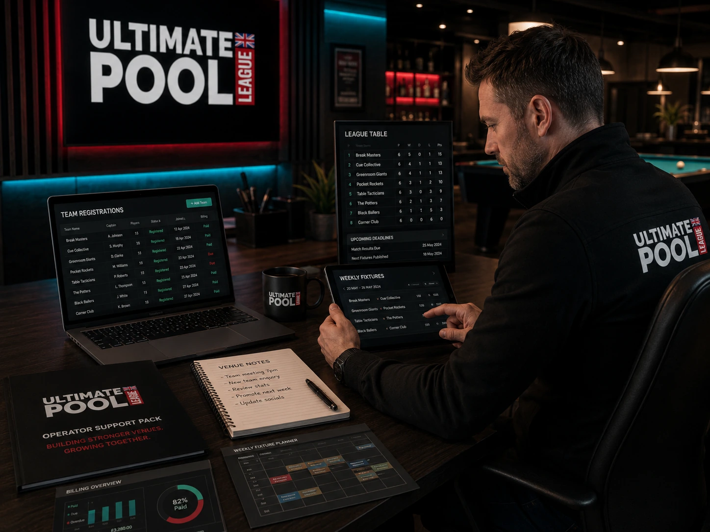 UPL organiser managing team registrations, fixtures, league tables, results and billing digitally